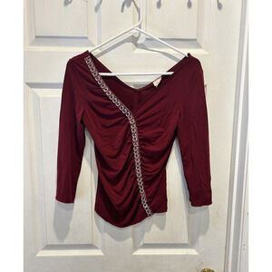 90s Y2K Vintage Siren Lily Whimsigoth V Neck Top Size L‎ Red Maroon Metal Fairy